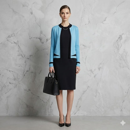 Ming Wang Blue & Black Studded White Dots Knit Jacket Size Small Cardigan