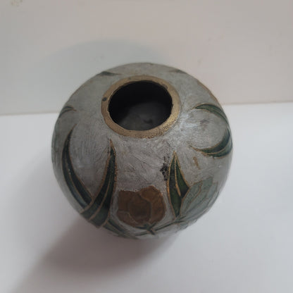 Vintage Mid Century Spherical Round Enamel and Brass Pot Vase Flowers