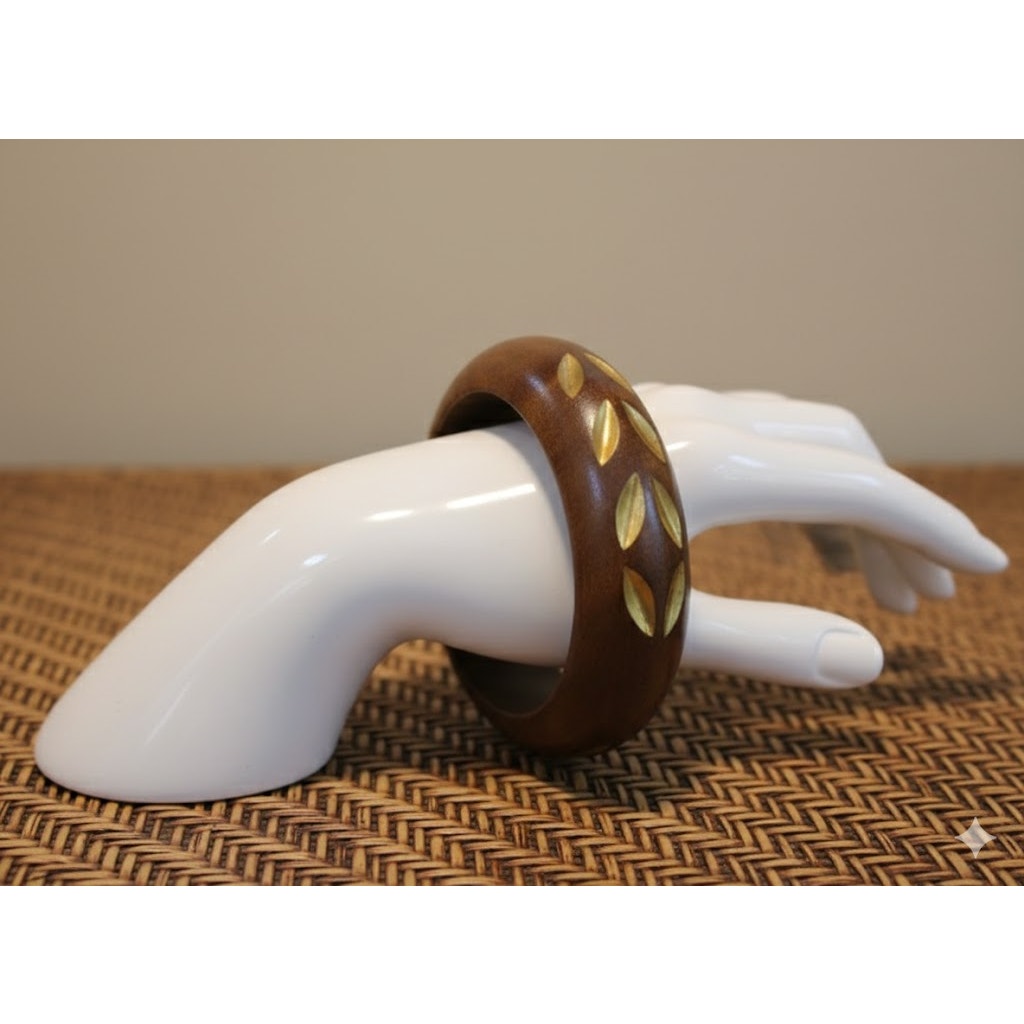 Wood brass bracelet Vintage Single Piece Leaf Design MCM brown goldtone bangle
