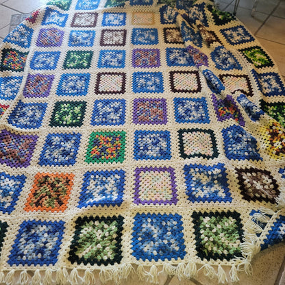 Colorblock Handmade AFGHAN fringe edge Blue Black Creram White Granny Square