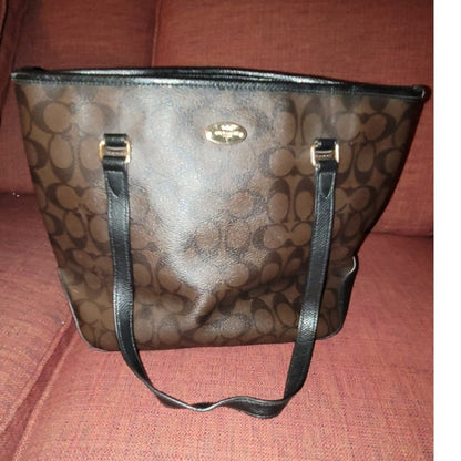 Coach Signature C Brown Gallery Coated Canvas Trim Tote Shoulder Bag Handbag