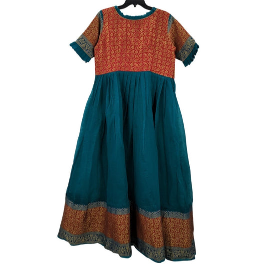 Vintage Teal Orange Embroidered Midi Large Dress Anarkali Châteaucore L