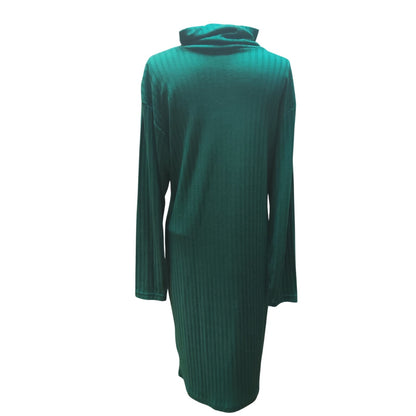 Vintage 80s Stylework Green Rib Knit Turtleneck Long Sleeve Sweater Dress Medium