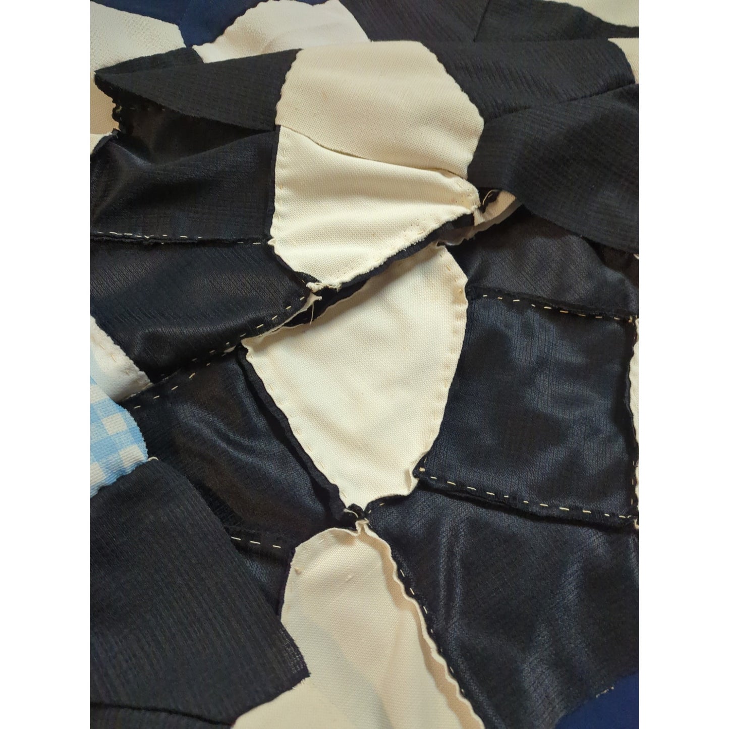 Unfinished Polyester Patchwork Quilt topper Black Blue White Gingham Project