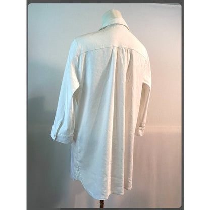 Eileen Fisher Small White Blouse Tunic Dress Button Up collar Linen 3/4 Sleeve
