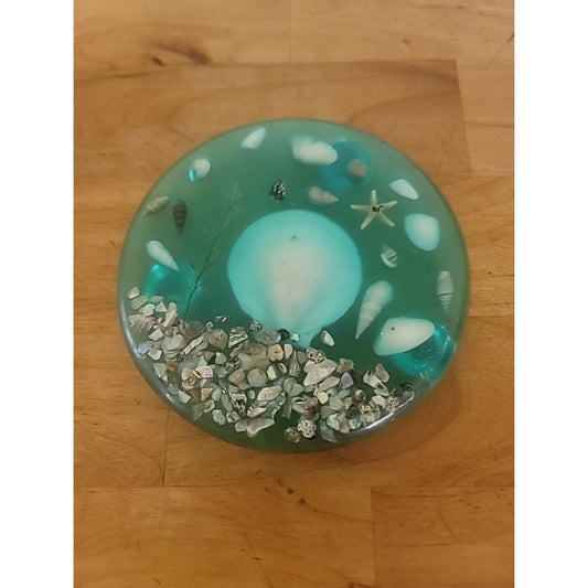 Vintage Lucite Shell & Abalone Round Trivet Green Under Water Scene 7.5" COASTAL