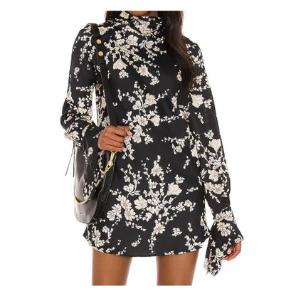 Free People Aries Mini Dress Black Floral Combo Long Sleeve Medium NEW Festival