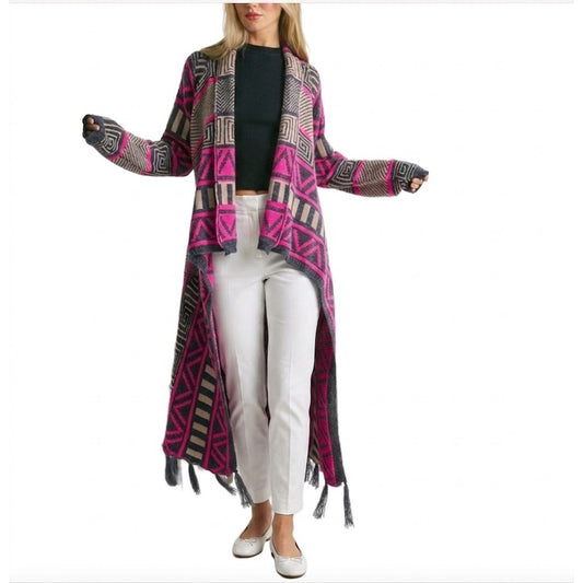 Vintage Perfectly Priscilla Pink Aztec Fringe Longline Cardigan Sweater Small