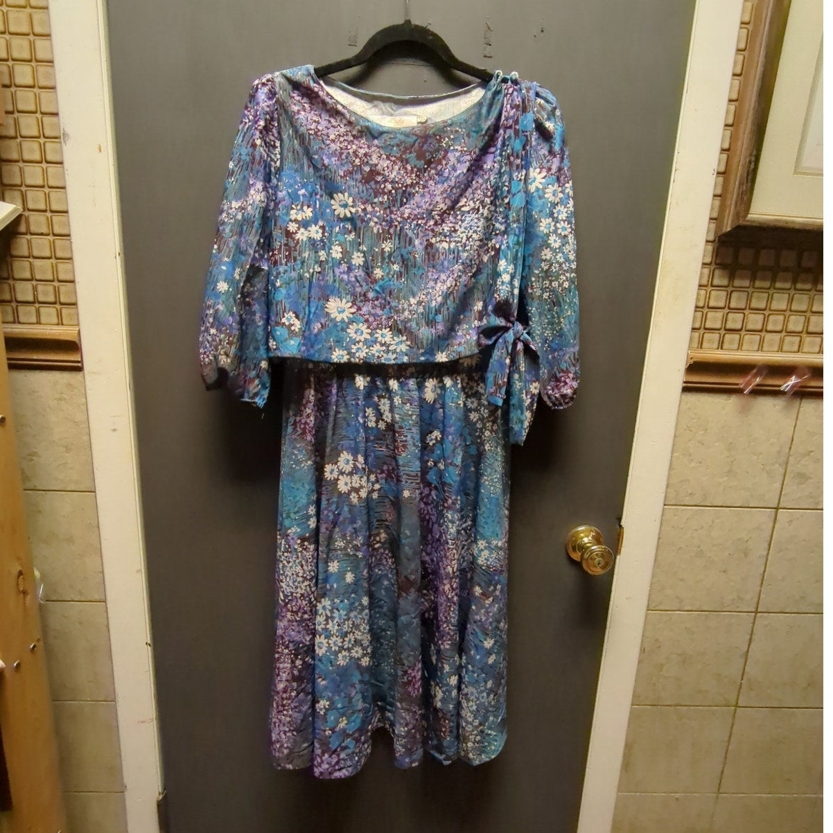 Blue and purple dress Floral dress blouson 1980s Lady Carol Size XL