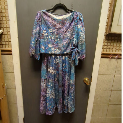 Blue and purple dress Floral dress blouson 1980s Lady Carol Size XL
