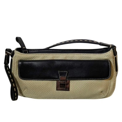 Antonio Melani Straw Leather Shoulder Bag Cream Black Baguette Vintage Style