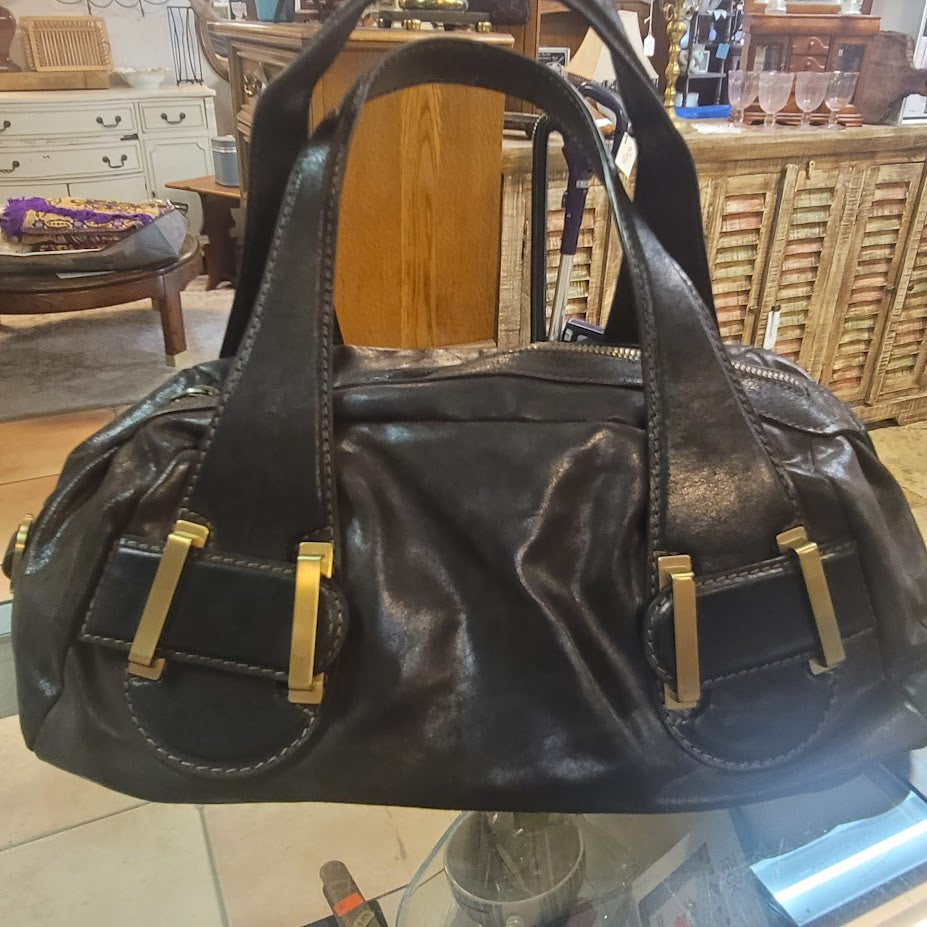 Vintage Sondra Roberts Chocolate Brown Leather Hobo Shoulder Bag Brass Details