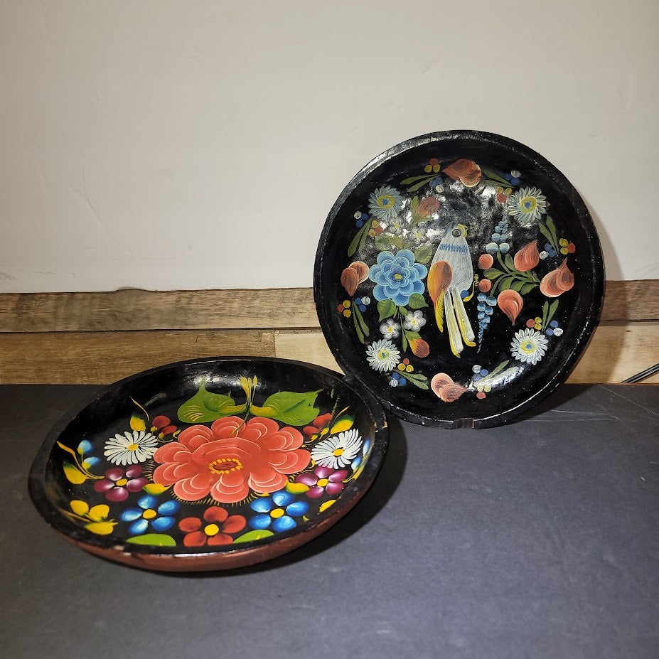 Pair Vintage Mexican Batea wooden bowls Hand painted floral bird folk art black
