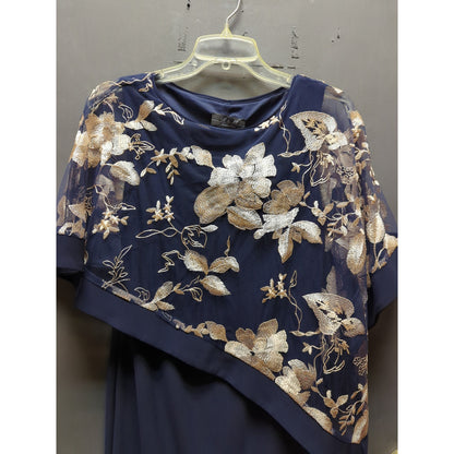 R & M Size 4 cocktail dinner church Dark blue floral overlay dress gold accents