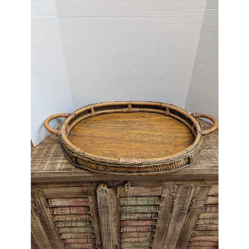Vintage Rattan and Wicker Oval Serving Tray with Woven Trim and Handles