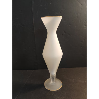 Vintage Frosted Satin Glass Hand Painted Floral Bud Vase Gold Trim