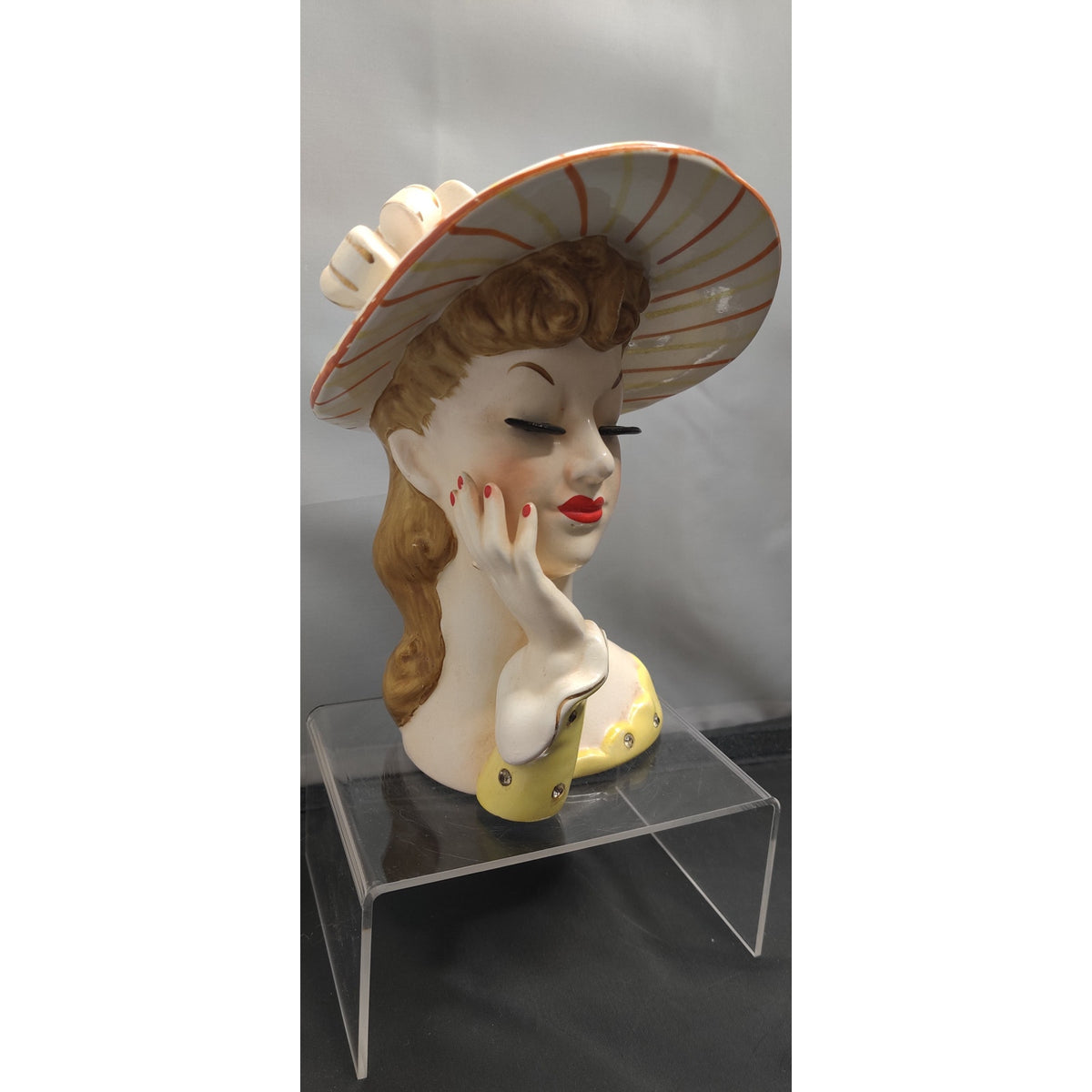 Vintage 1950s Napco Lady Head Vase Planter Striped Hat Collectible MCM Kitsch
