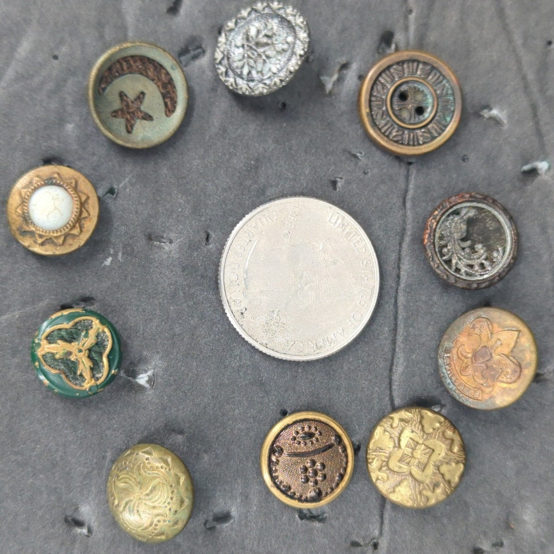 LOT F of 10 Antique Vintage Victorian Brass Mixed Materials Buttons ESTATE FIND