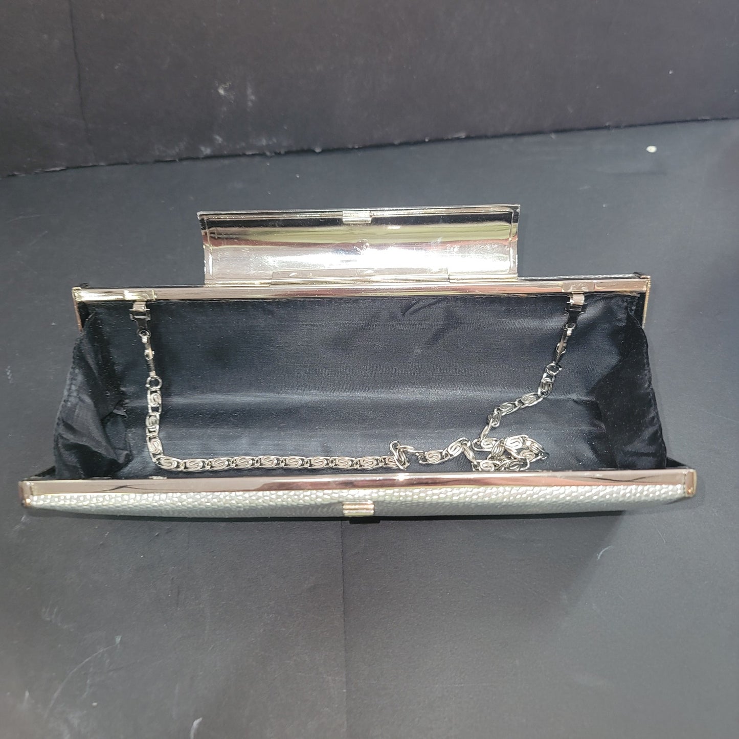Silver evening bag clutch shoulder crossbody Purse narrow snap closure crystal