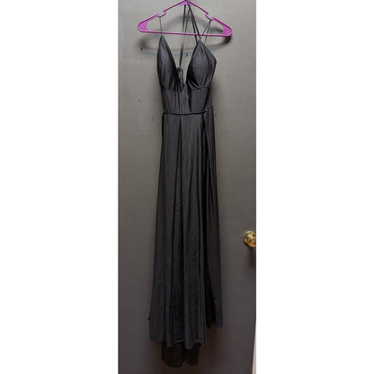 Leena for Mac Duggal Metallic Gray Plunging Halter A-Line Maxi Gown Dress 14 NWT