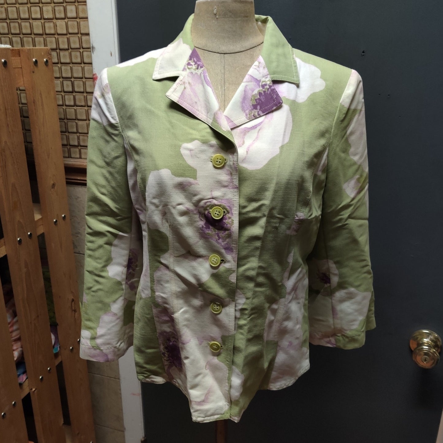 Emma James Watercolor Floral Blazer Jacket Sage Green Purple Size 6