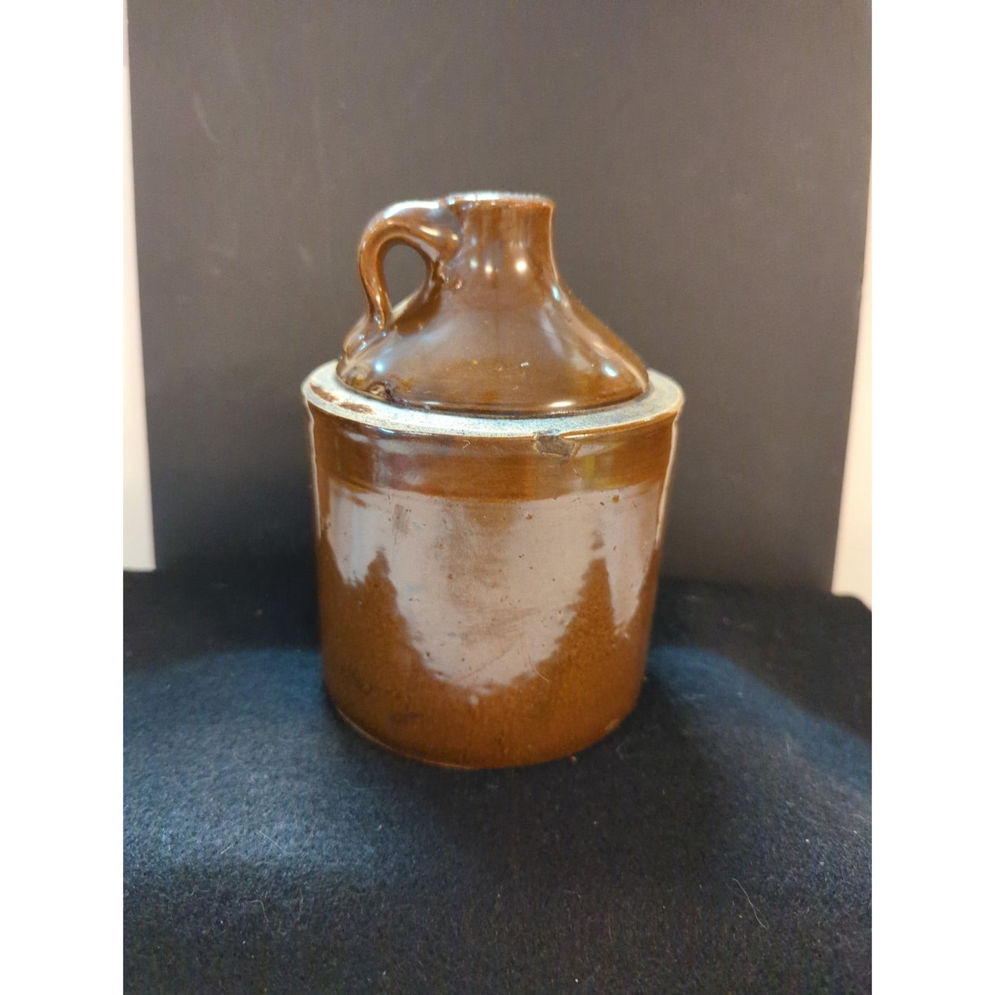 Vintage Stoneware Moonshine Whiskey Jug Brown Glaze Antique Country Cabin Crock