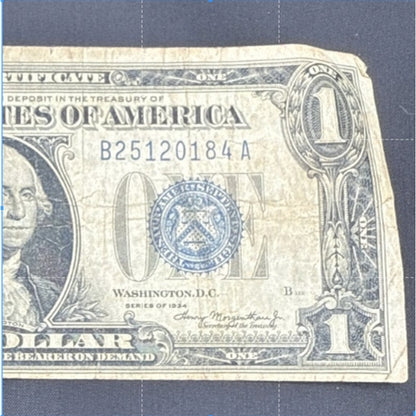 Paper Currency Bank Note Money $1 1934 blue Seal silver Certificate FUNNYBACK