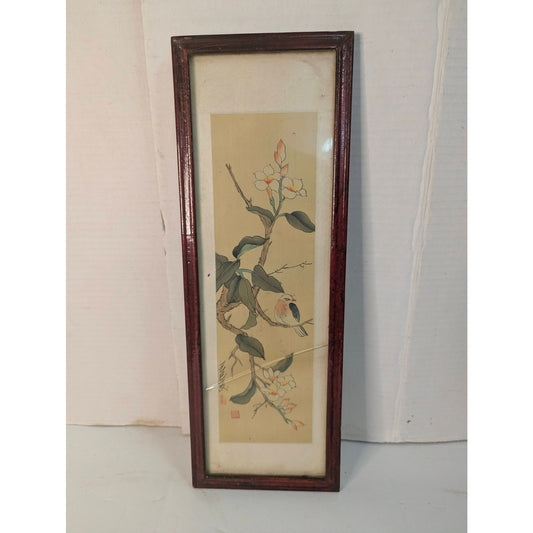 Vintage Chinese Silk Painting Gongbi Bird Flower Framed Wall Art Decor Qi Baishi