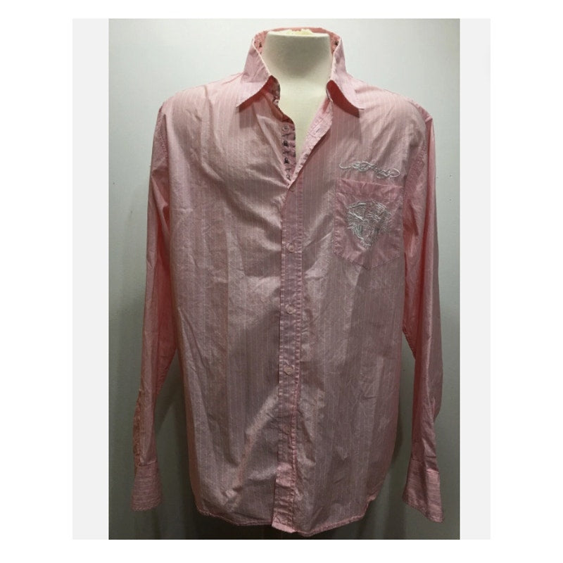 Y2K Pink White Striped Ed Hardy Top long sleeve Blouse Medium embroidered
