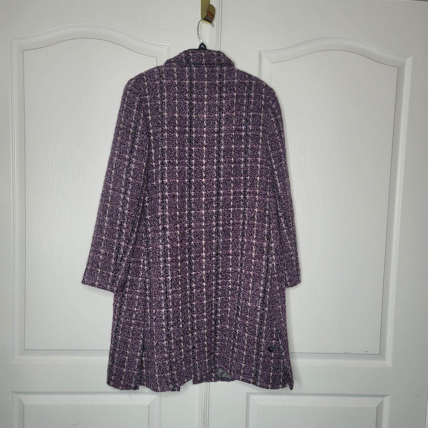 Herve Bernard Purple Coat Plaid wool Size 14 Knee Length Coat button front lined