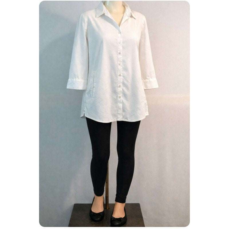 Eileen Fisher Small White Blouse Tunic Dress Button Up collar Linen 3/4 Sleeve