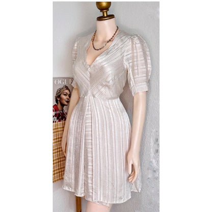 Topshop Champagne Cream Striped lined Mini Dress Pouf Sleeve Us size 2