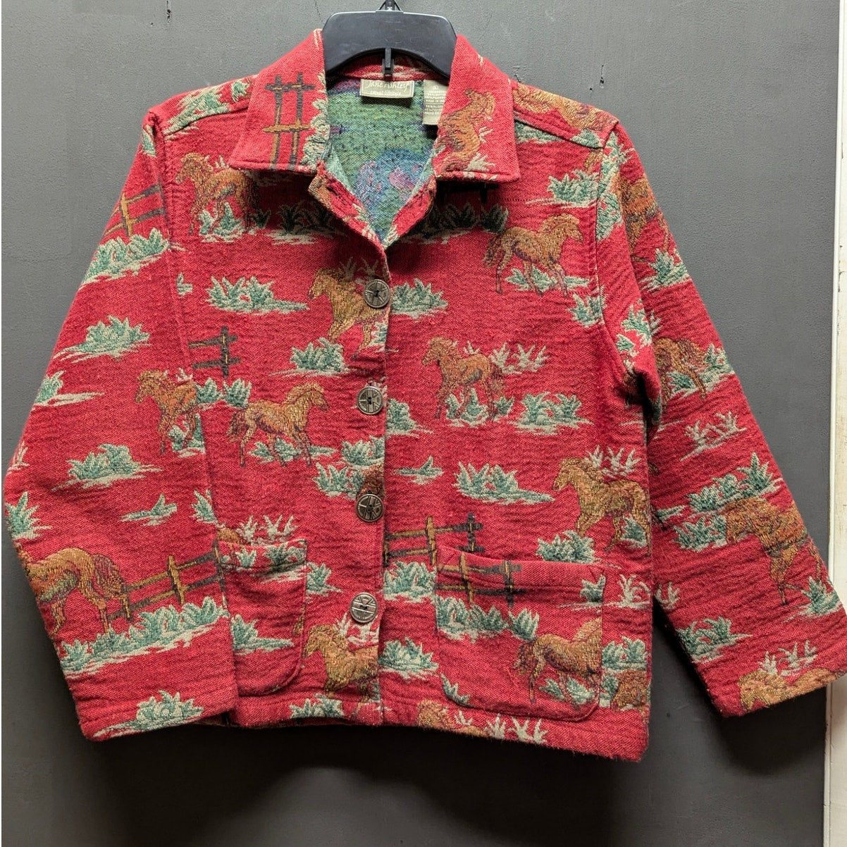Vintage Ashley Knits Red Horse Tapestry Jacket Small Western Cowgirl Whimsical