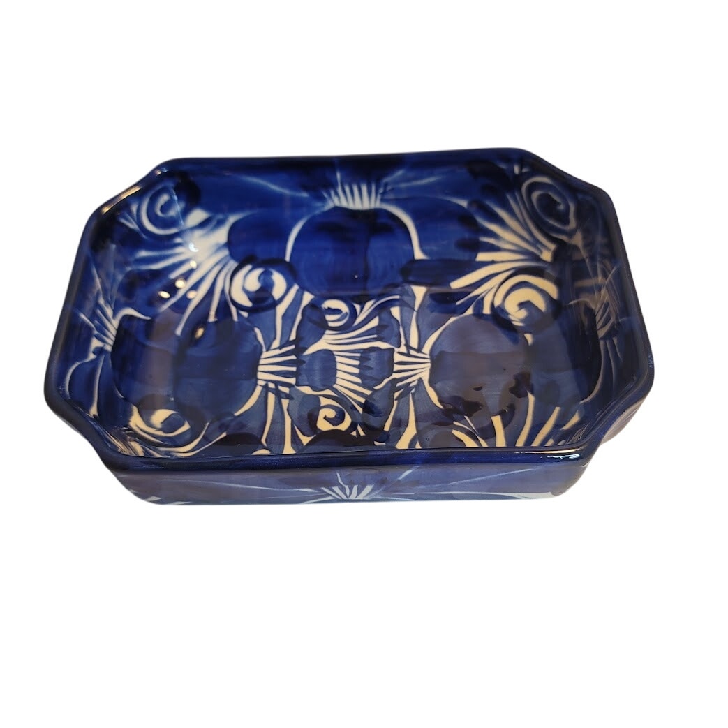 Handmade Handpainted Talavera Casserole Serving Dish Blue White Rectangle