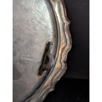 Vintage Hollywood Regency Silverplate Footed Round Platter Ornate Serving Tray