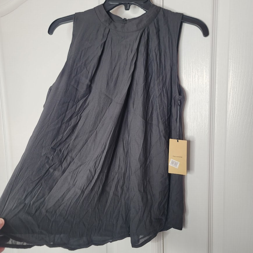 NEW Halogen Charcoal crew neck black blouse Small top crepe lined Sleeveless
