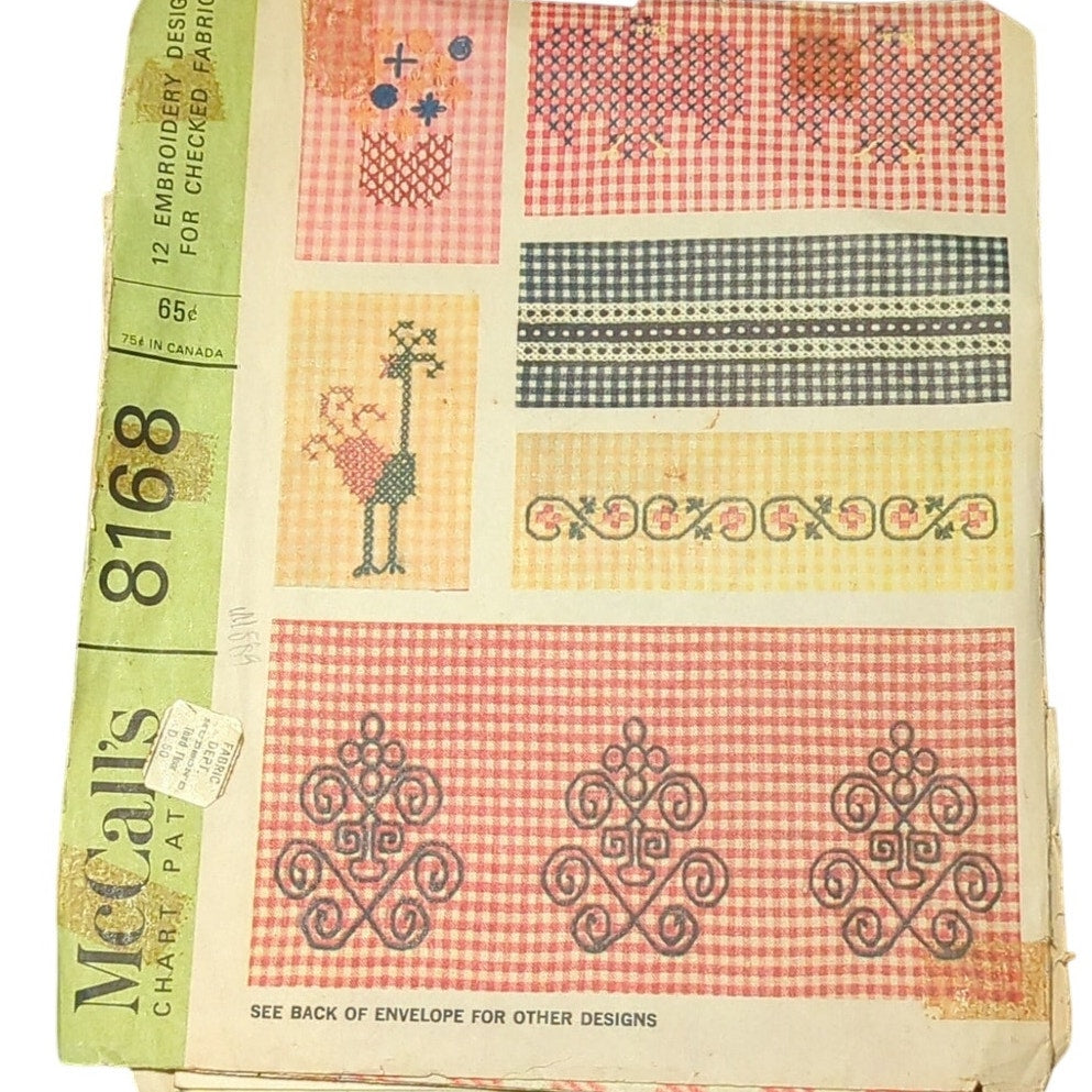 McCalls 8168 Vintage Sewing Pattern One Size Embroidery Transfers Checked Fabric