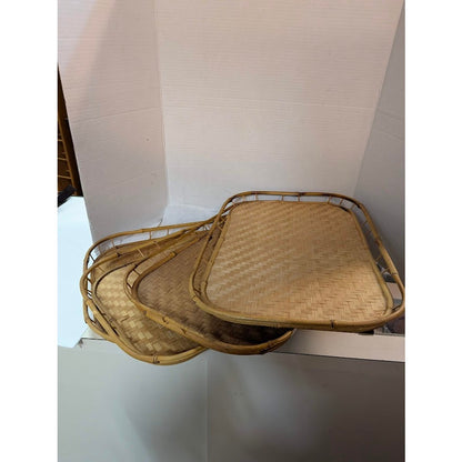 Vintage 1980s Rectangular Woven bamboo serving trays set of 4 19x13