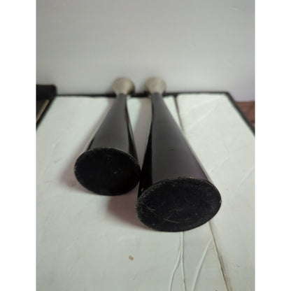 Pair metal black metal MCM candle holders brutalist style heavy staggered