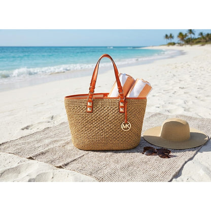 Michael Kors Santorini Large Straw Basket Tote Beach Bag Orange Leather Trim