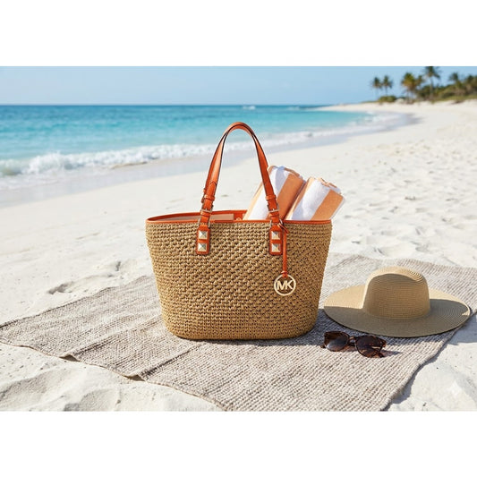 Michael Kors Santorini Large Straw Basket Tote Beach Bag Orange Leather Trim