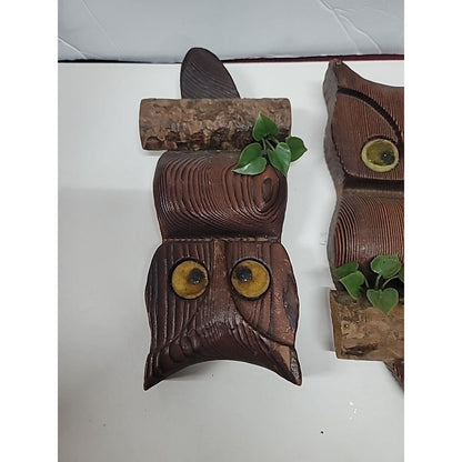 PAIR 9.5" MID Century Modern Carved Wooden Owl on Branch Big Eyes BOHO Lot Of 2