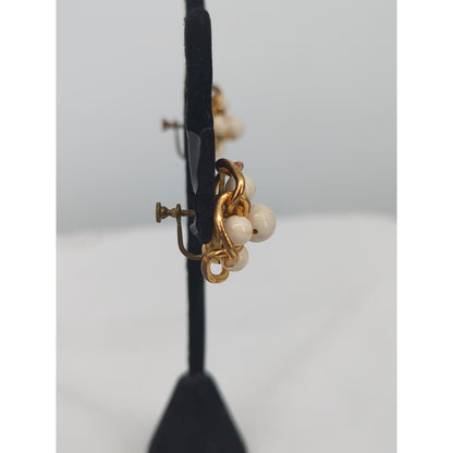 Vintage Gold Tone Faux Pearl Cluster Screw Back Earrings Retro Chic