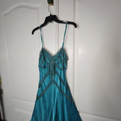 Vintage Turquoise Teal Silk Beaded Halter Slip Dress Size Medium