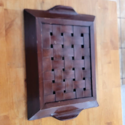 Vintage Large Wood Lattice Basketweave Serving Tray MCM Rectangular 21" x 14"