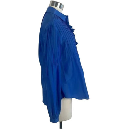 7 For All Mankind Blue Tassel Trim Blouse $225 NEW SILK blend long sleeve SMALL
