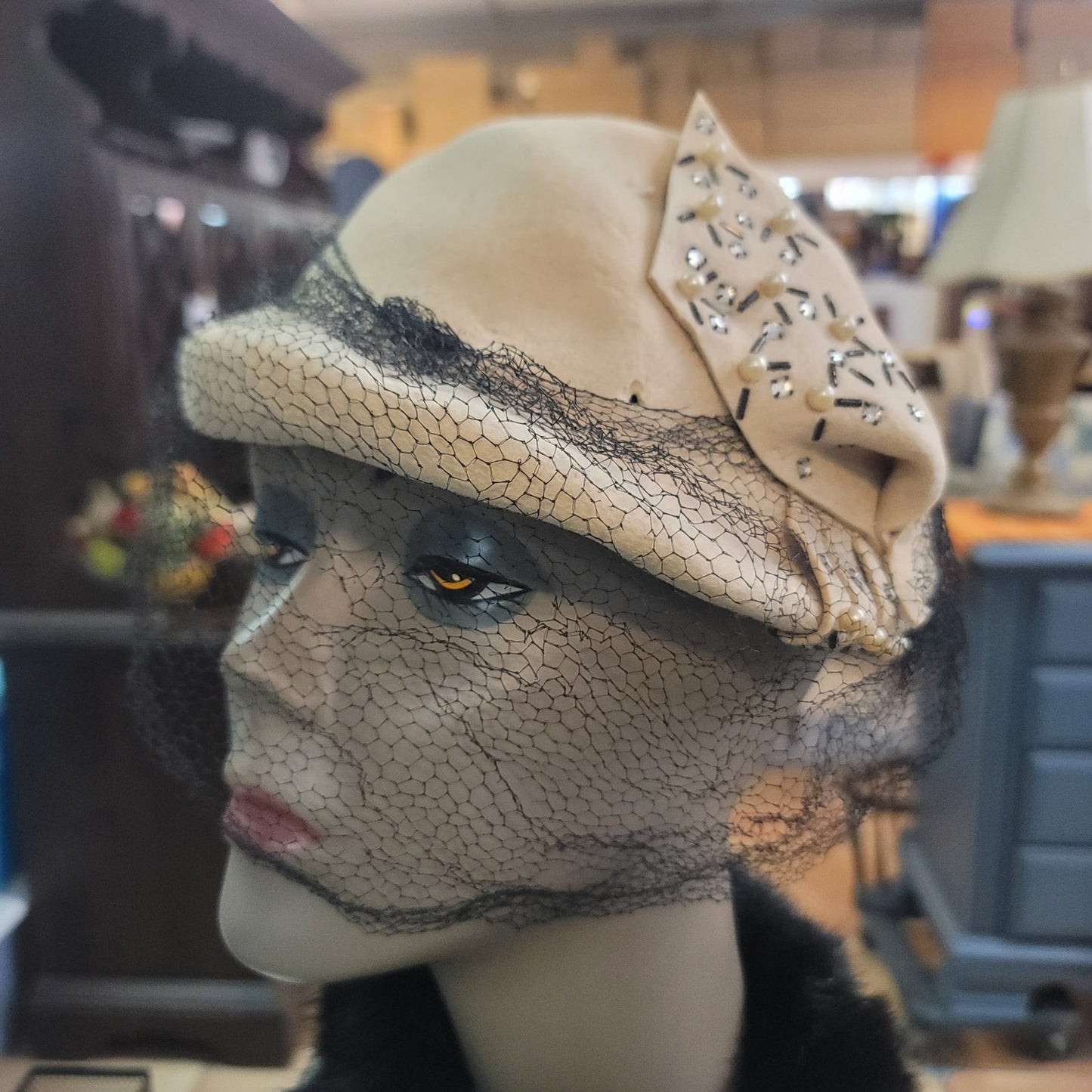 Vintage Hornberger Berkshire Wool Hat Cream Rhinestone Netting 1950s