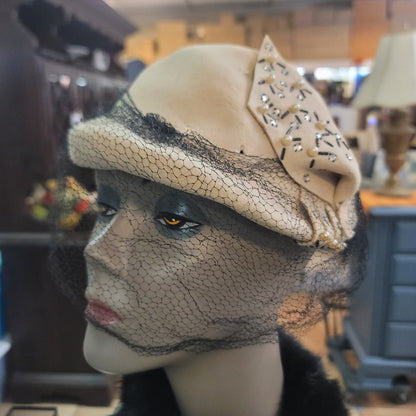 Vintage Hornberger Berkshire Wool Hat Cream Rhinestone Netting 1950s