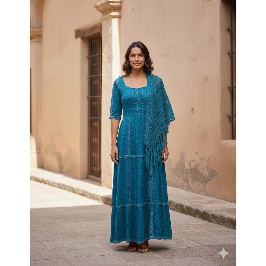 Vintage BOHO Teal Blue dress Maxi dress /Shawl Mexican Wedding Pintuck 2 pc Set