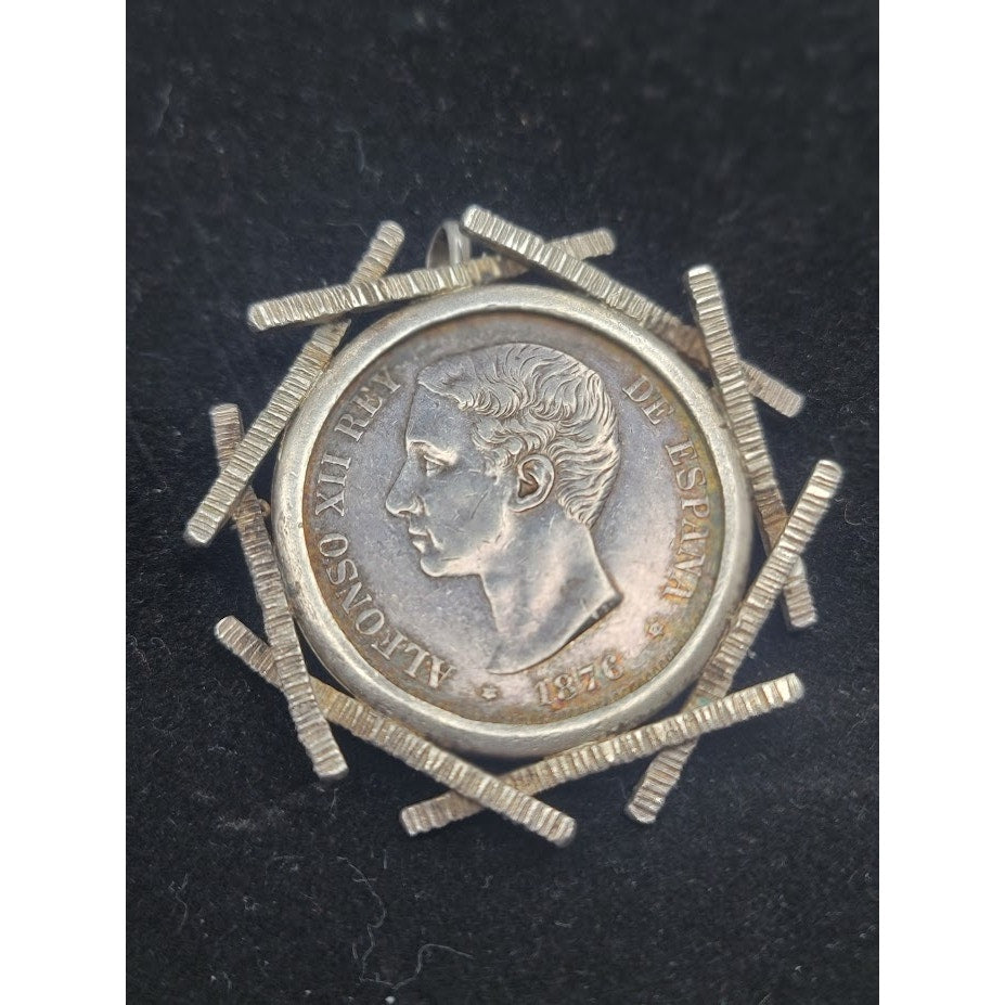 Vintage Spanish 5 Pesetas Brutalist Numismatic coin Pendant Silver Brooch Art